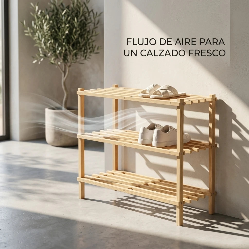Sapateira de madeira natural com 3 níveis