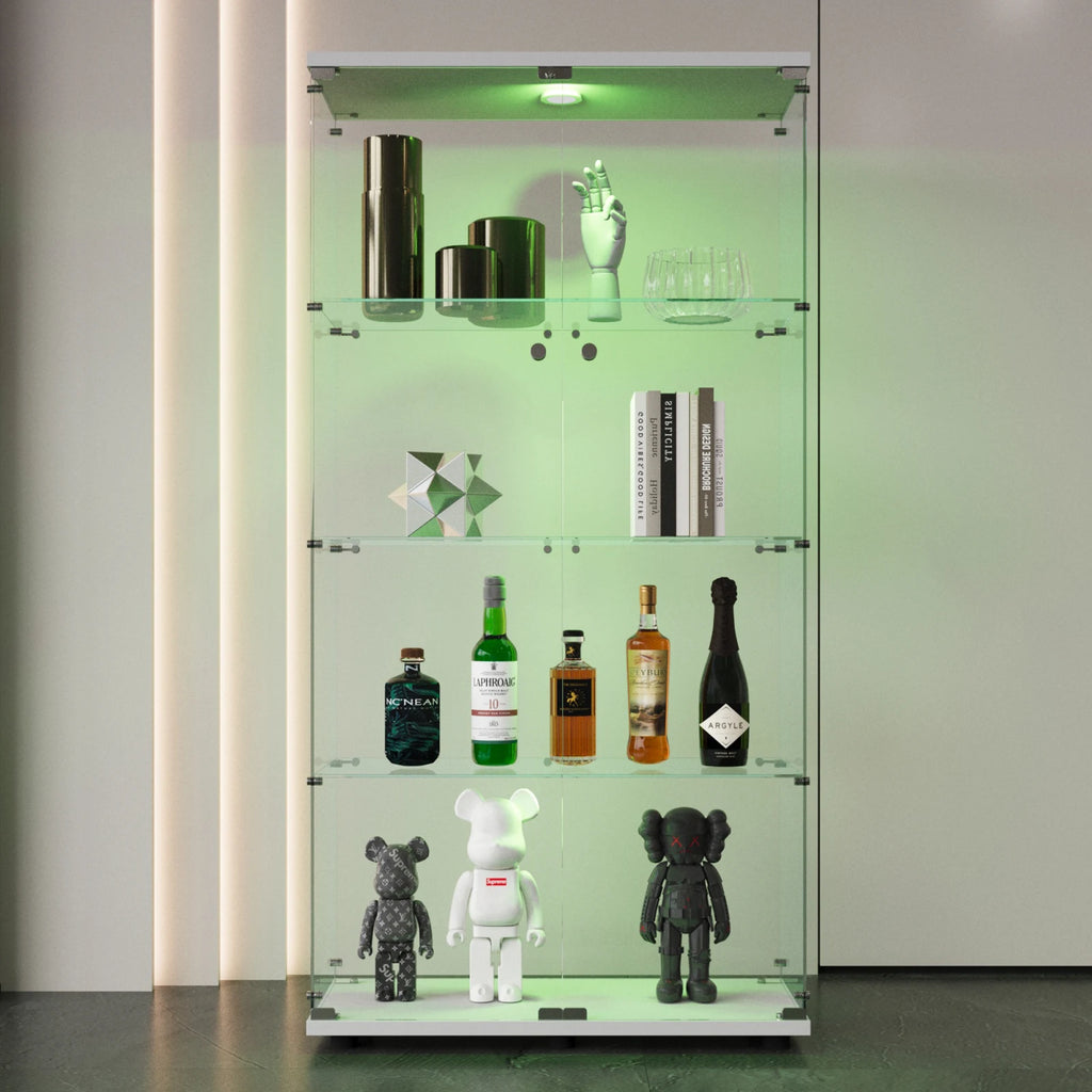 Vitrine de vidro Anajqaqia, com 4 prateleiras, 2 portas e iluminação LED