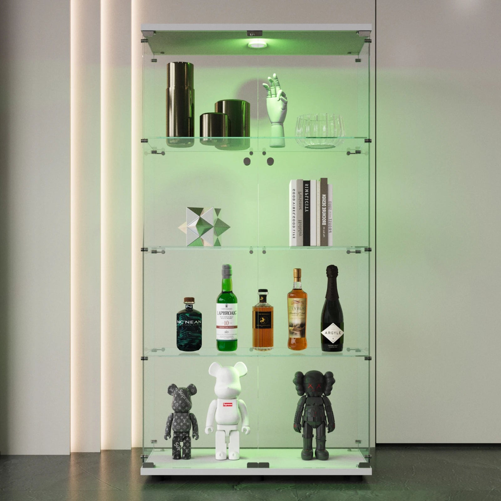 Vitrine de vidro Anajqaqia, com 4 prateleiras, 2 portas e iluminação LED