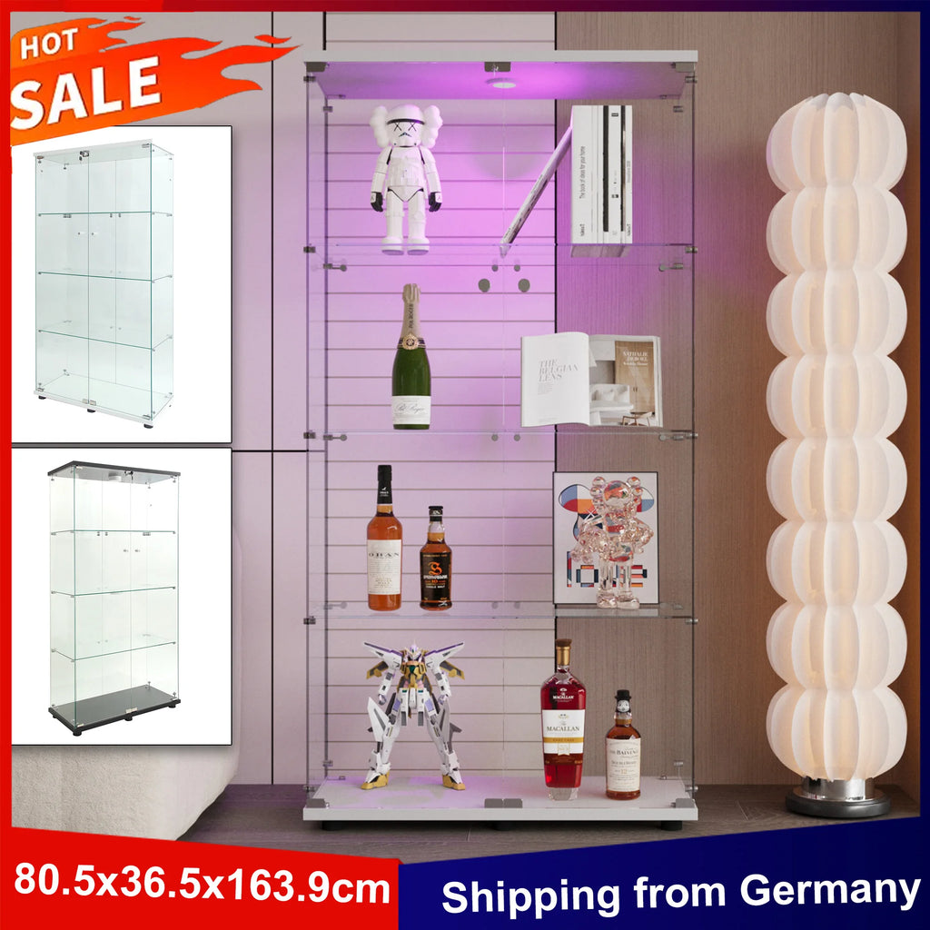 Vitrine de vidro Anajqaqia, com 4 prateleiras, 2 portas e iluminação LED