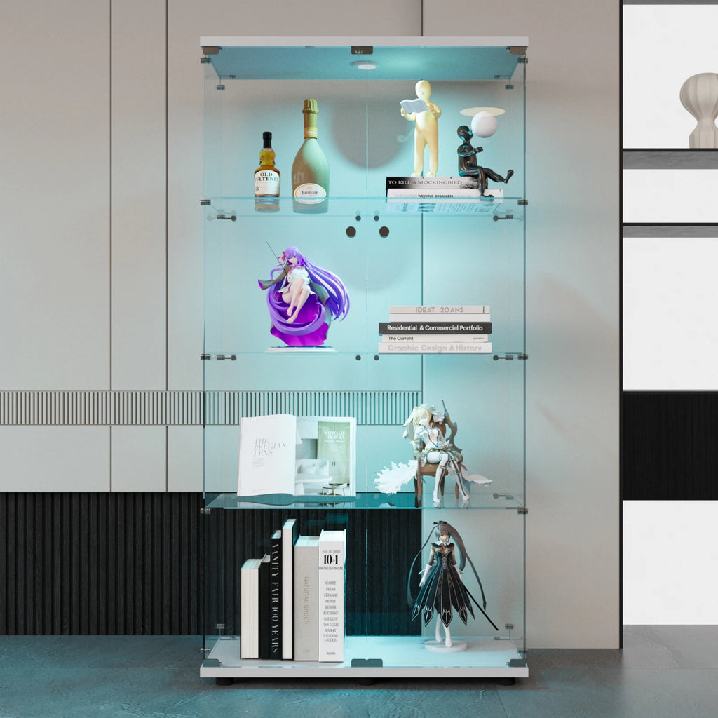 Vitrine de vidro Anajqaqia, com 4 prateleiras, 2 portas e iluminação LED
