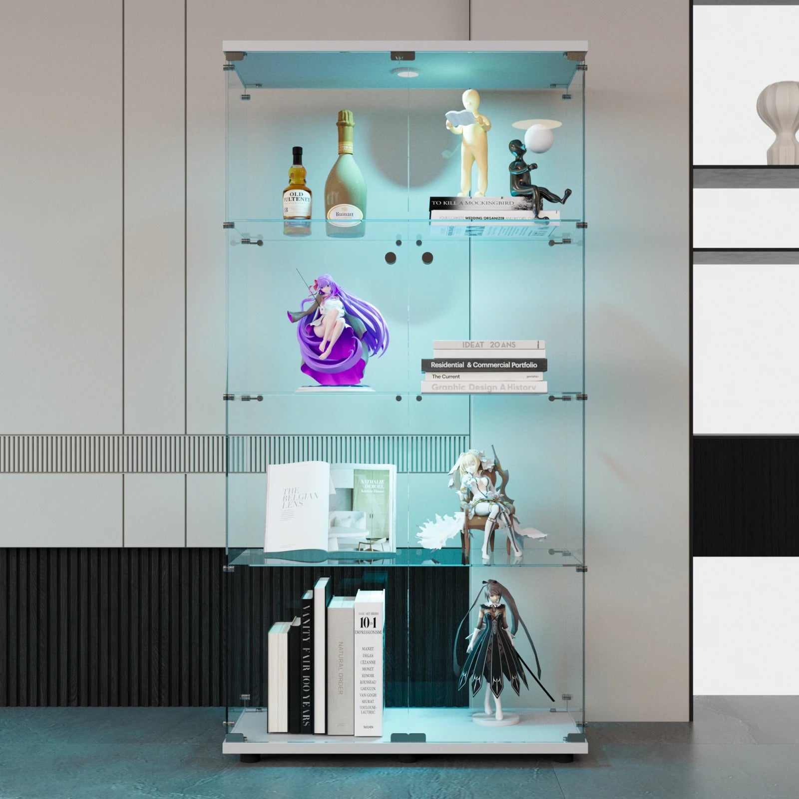 Vitrine de vidro Anajqaqia, com 4 prateleiras, 2 portas e iluminação LED