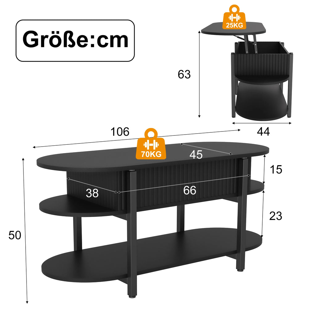 Mesa de centro com tampo elevável e compartimento de armazenamento