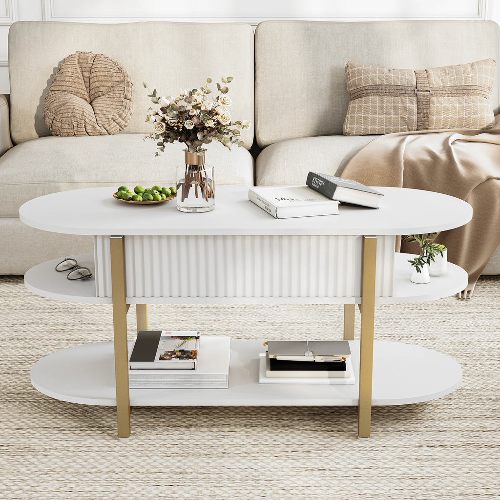 Mesa de centro com tampo elevável e compartimento de armazenamento