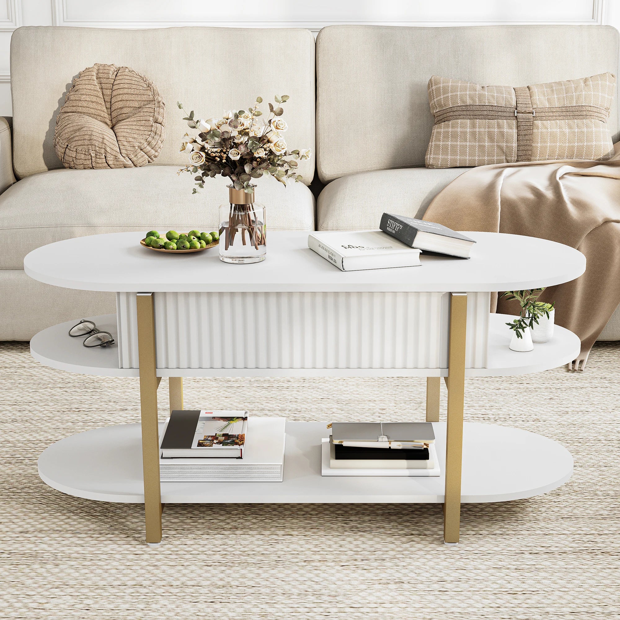 Mesa de centro com tampo elevável e compartimento de armazenamento