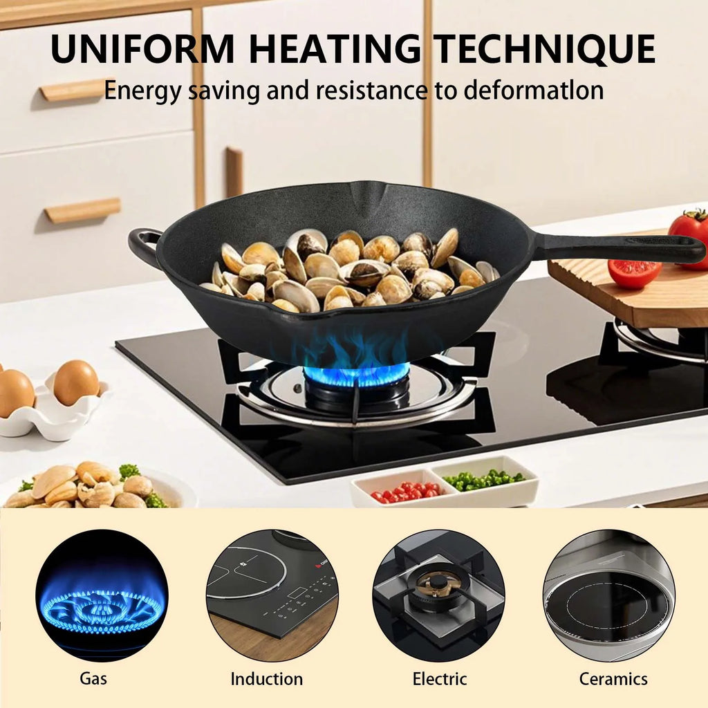 Conjunto de 4 frigideiras de ferro fundido sem revestimento, tamanhos variados de 14/16/20/26 cm, retêm o calor uniformemente e são compatíveis com fogões a gás e de indução.
