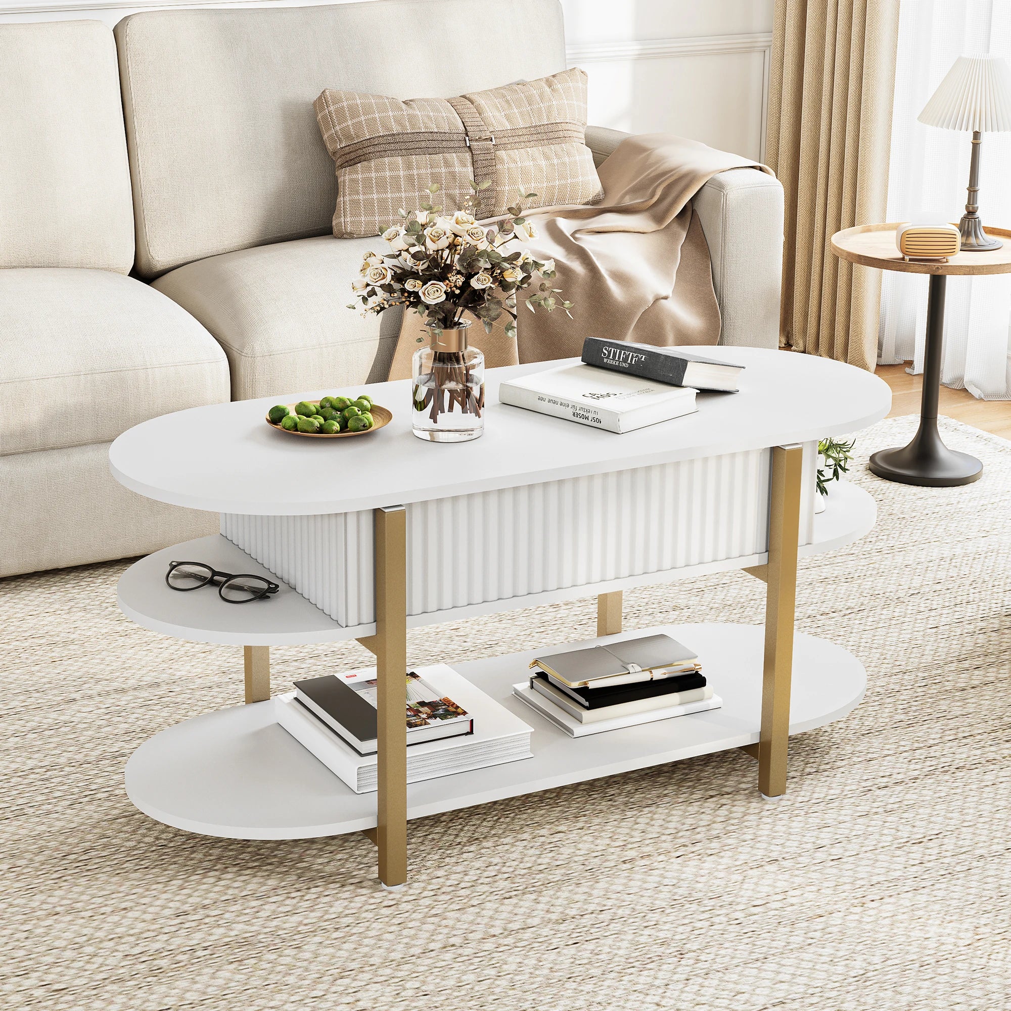 Mesa de centro com tampo elevável e compartimento de armazenamento