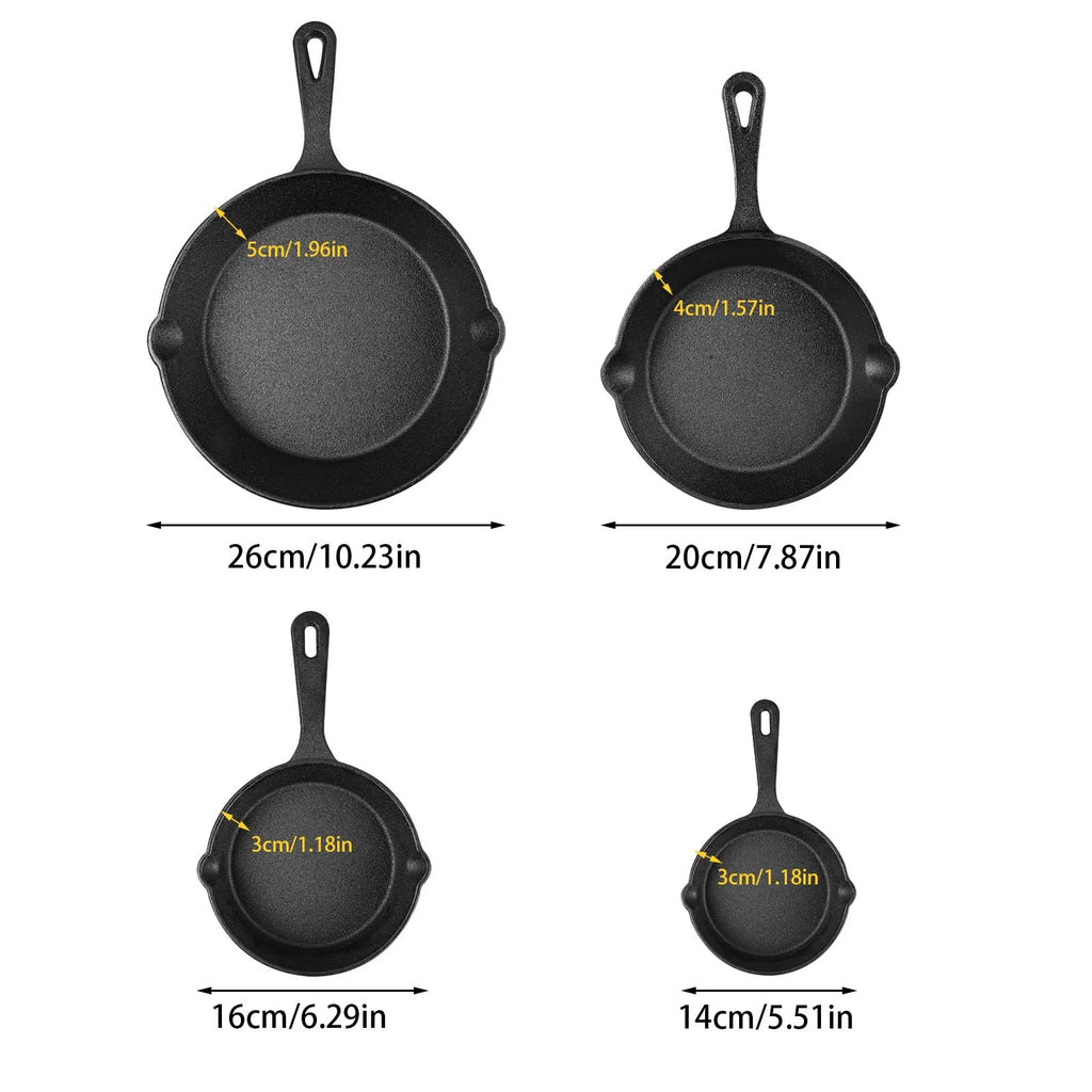 Conjunto de 4 frigideiras de ferro fundido sem revestimento, tamanhos variados de 14/16/20/26 cm, retêm o calor uniformemente e são compatíveis com fogões a gás e de indução.