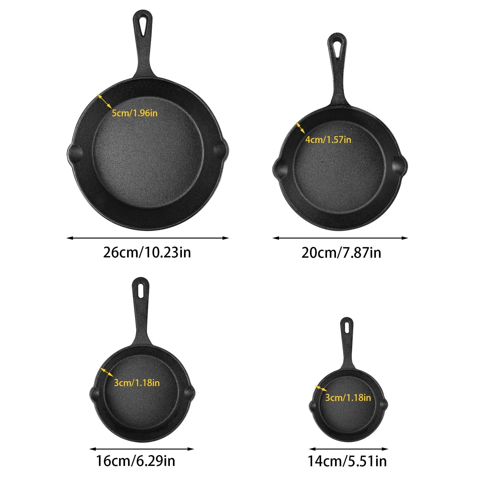 Conjunto de 4 frigideiras de ferro fundido sem revestimento, tamanhos variados de 14/16/20/26 cm, retêm o calor uniformemente e são compatíveis com fogões a gás e de indução.
