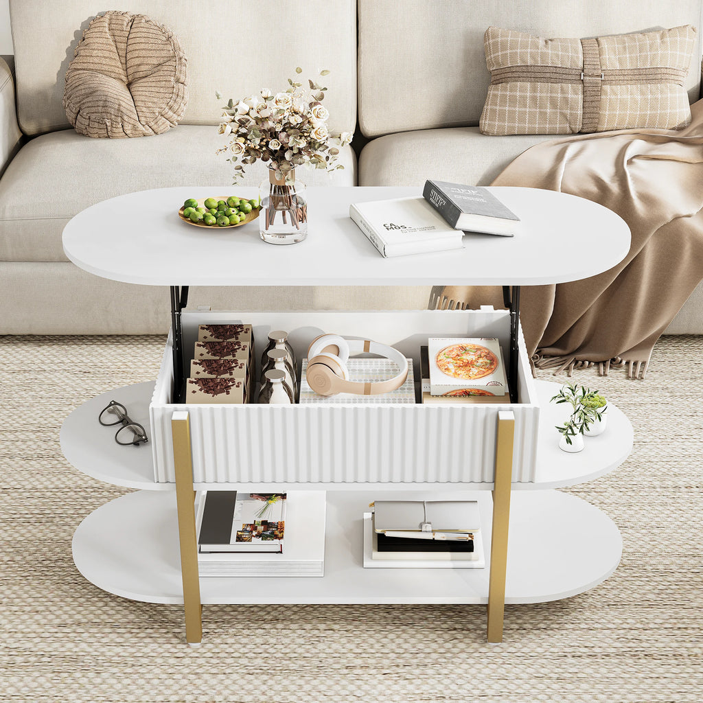 Mesa de centro com tampo elevável e compartimento de armazenamento