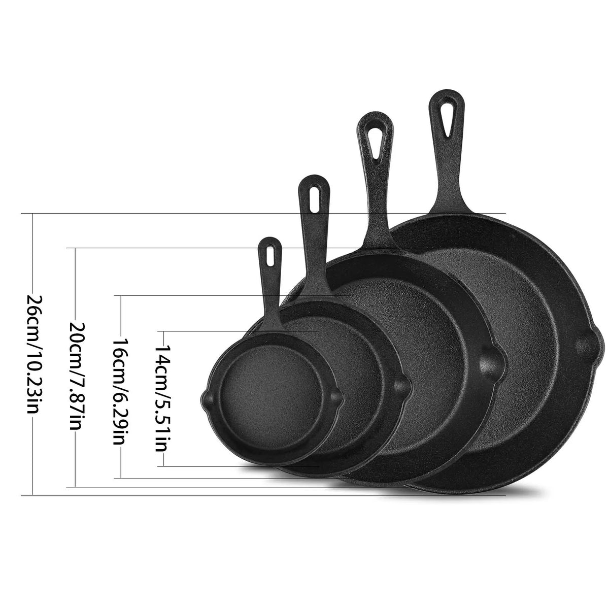 Conjunto de 4 frigideiras de ferro fundido sem revestimento, tamanhos variados de 14/16/20/26 cm, retêm o calor uniformemente e são compatíveis com fogões a gás e de indução.