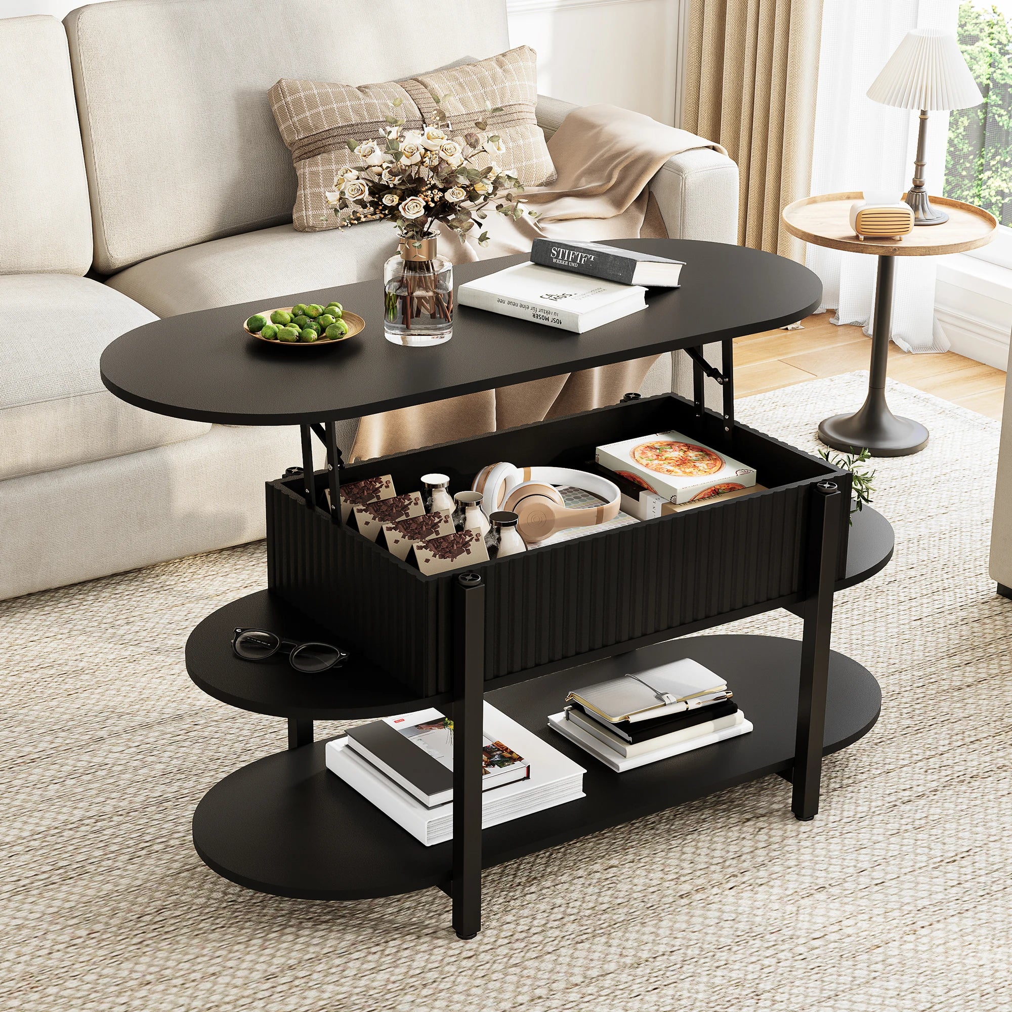 Mesa de centro com tampo elevável e compartimento de armazenamento