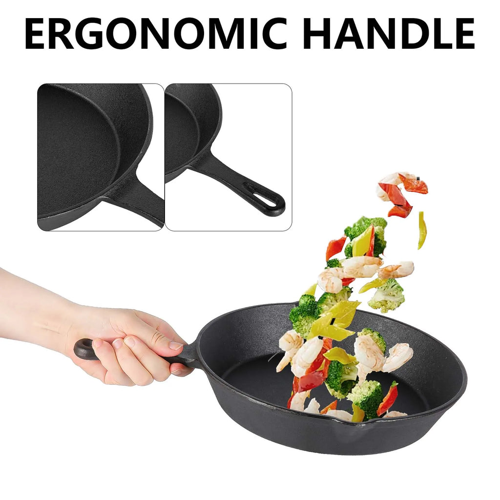 Conjunto de 4 frigideiras de ferro fundido sem revestimento, tamanhos variados de 14/16/20/26 cm, retêm o calor uniformemente e são compatíveis com fogões a gás e de indução.