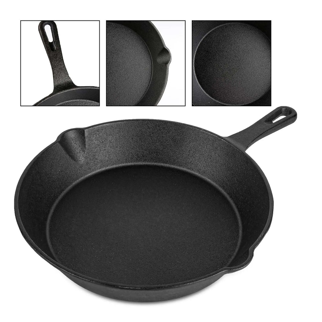 Conjunto de 4 frigideiras de ferro fundido sem revestimento, tamanhos variados de 14/16/20/26 cm, retêm o calor uniformemente e são compatíveis com fogões a gás e de indução.