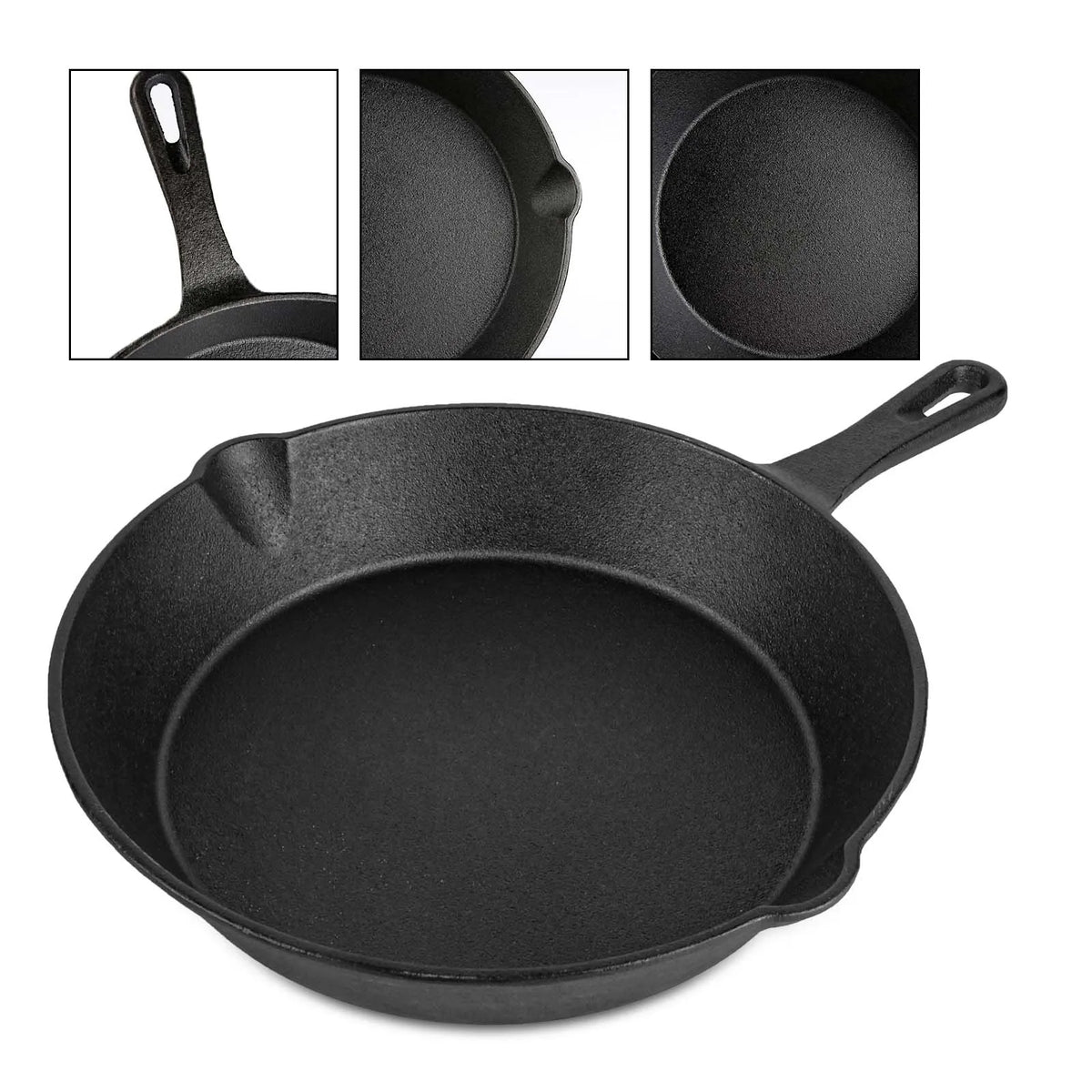 Conjunto de 4 frigideiras de ferro fundido sem revestimento, tamanhos variados de 14/16/20/26 cm, retêm o calor uniformemente e são compatíveis com fogões a gás e de indução.