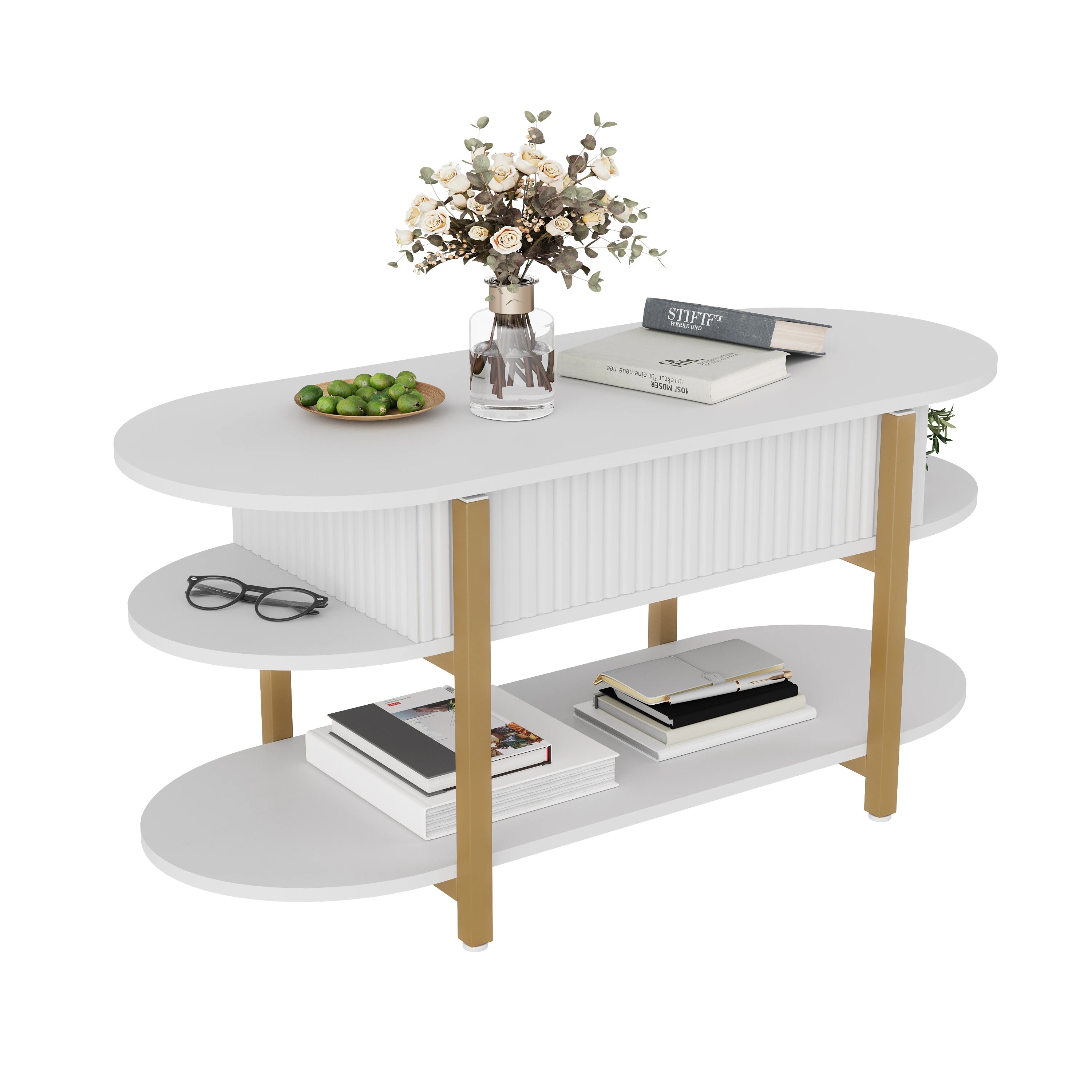 Mesa de centro com tampo elevável e compartimento de armazenamento