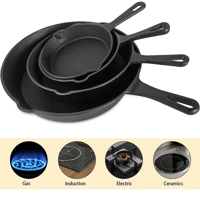 Conjunto de 4 frigideiras de ferro fundido sem revestimento, tamanhos variados de 14/16/20/26 cm, retêm o calor uniformemente e são compatíveis com fogões a gás e de indução.