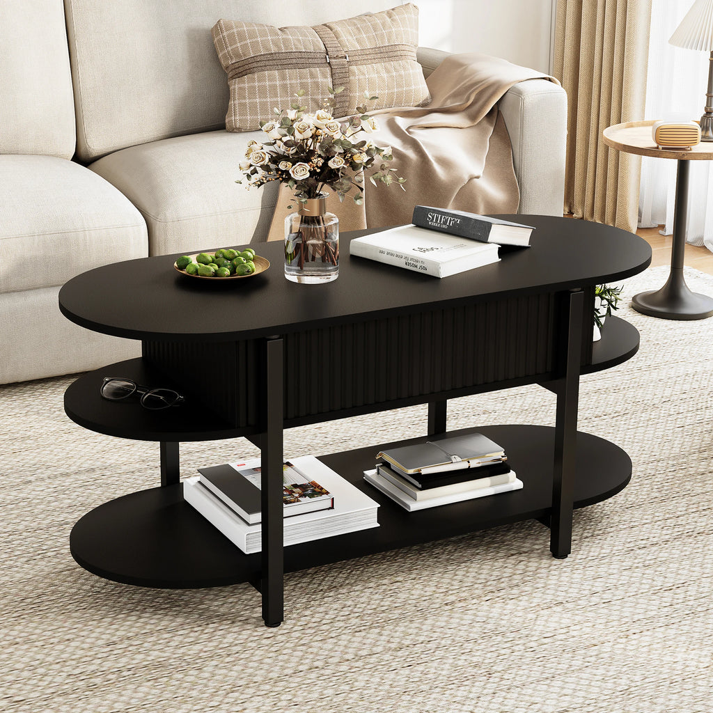 Mesa de centro com tampo elevável e compartimento de armazenamento