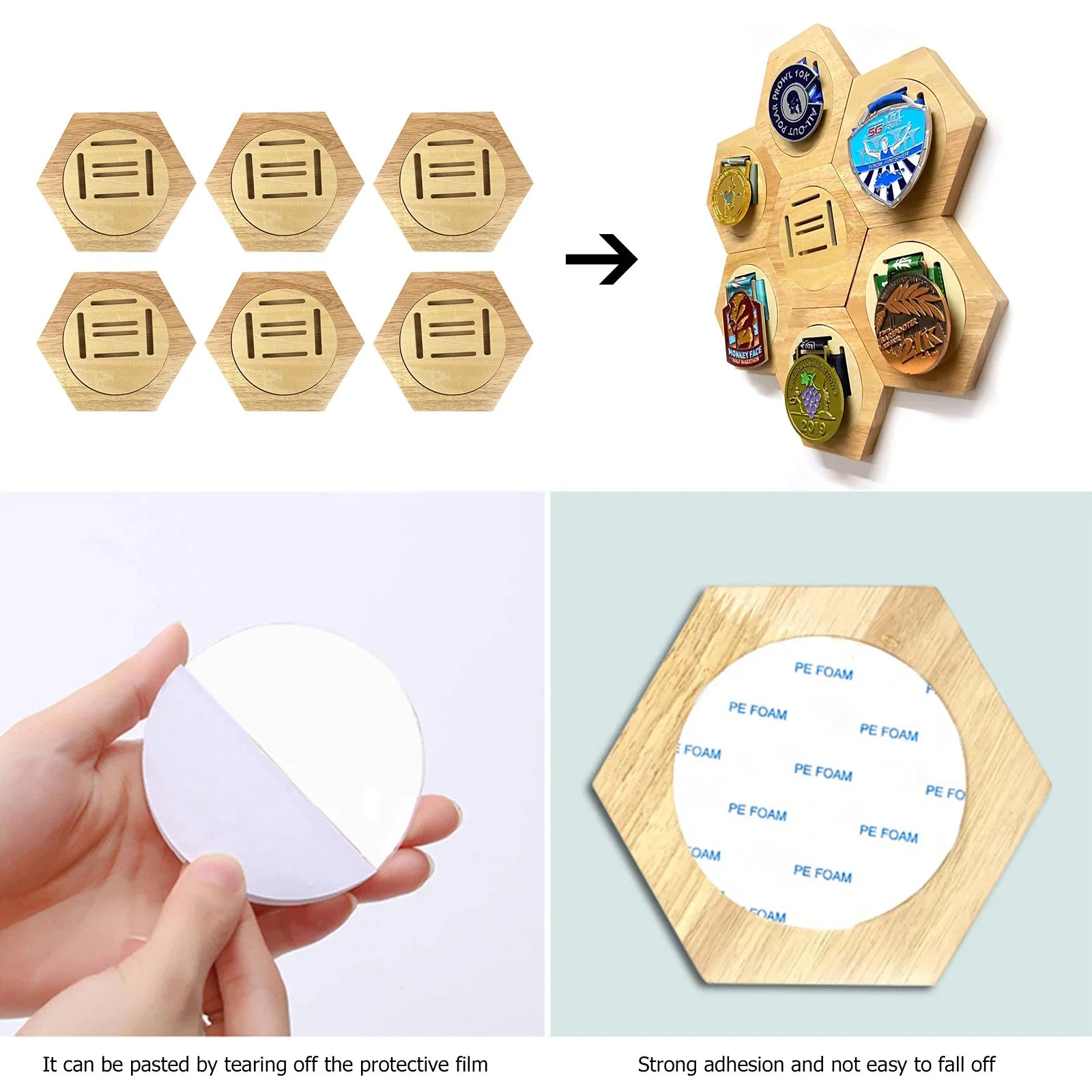 Suporte de madeira para medalhas com design hexagonal