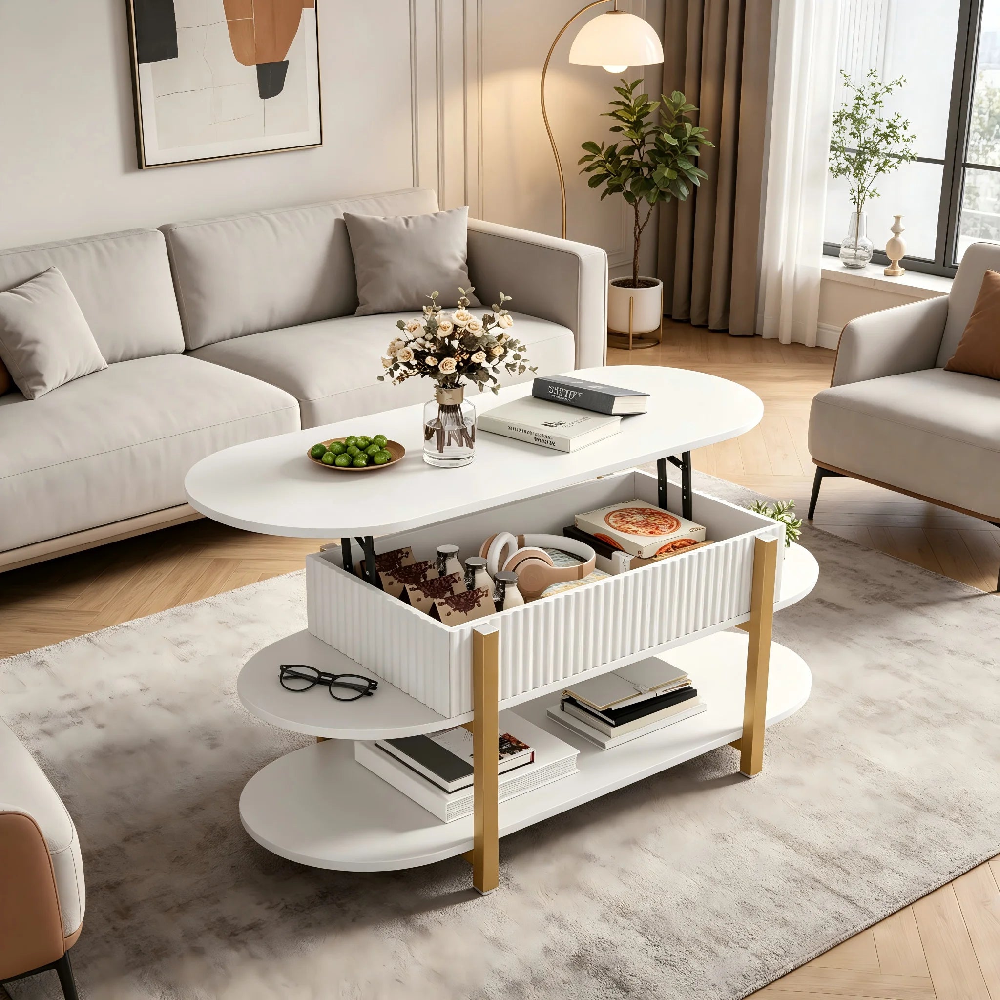 Mesa de centro com tampo elevável e compartimento de armazenamento